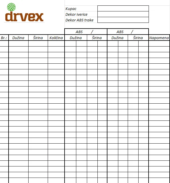 Izgled Excel obrasca krojne liste